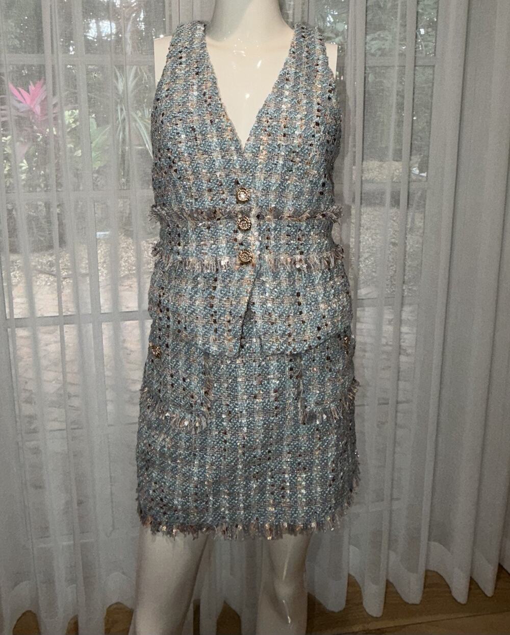 Walter Baker 2 Piece Blue Tweed Vest Skirt Set Womens S/0 Gold Buttons Fringe